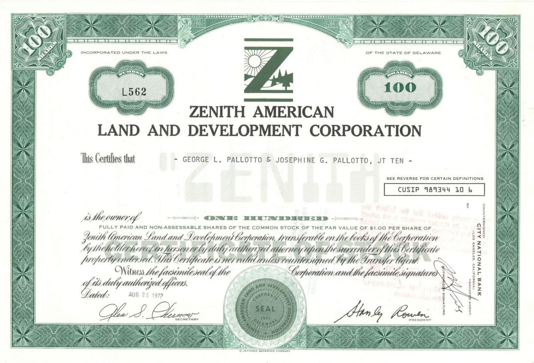 Zenith American Land and Development Corp. - Stock Certificate