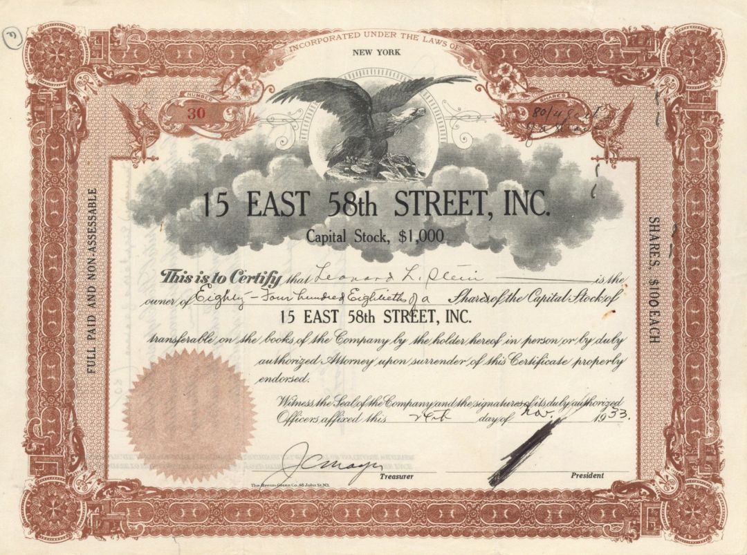 15 East 58th Street, Inc. - Stock Certificate