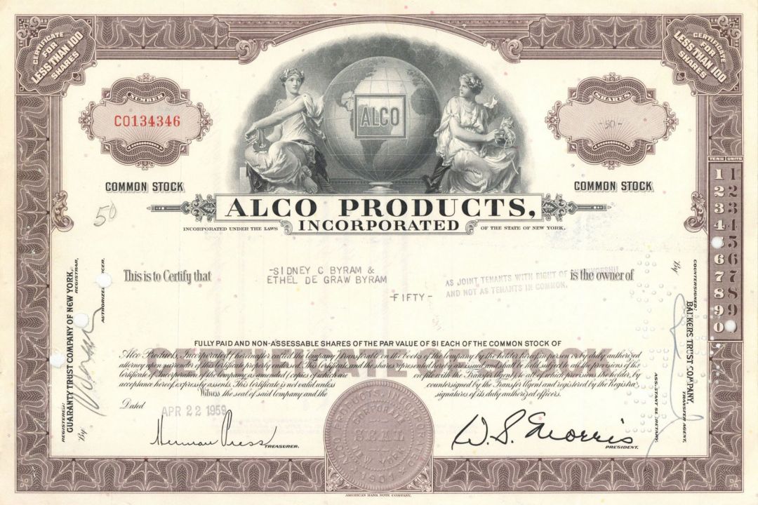 Alco Products, Inc. - 1959-1964 Stock Certificate