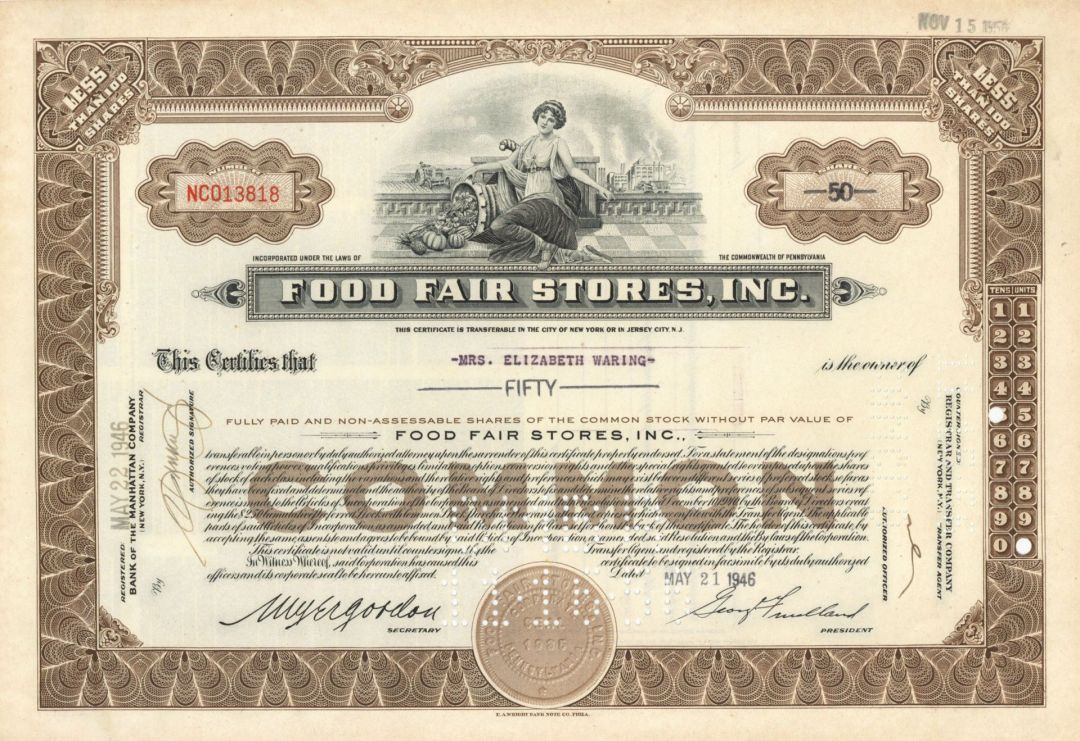 Food Fair Stores, Inc. - 1946-1954 Stock Certificate