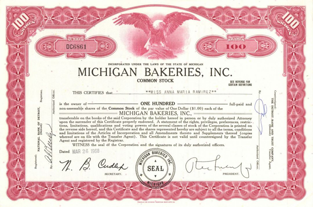 Michigan Bakeries, Inc. - 1968-1970 Stock Certificate