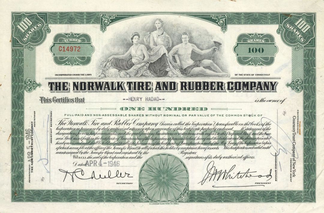 Norwalk Tire and Rubber Co. - 1946 dated Stock Certificate - Irving Freese
