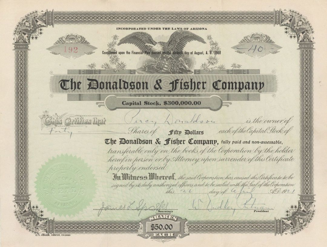 Donaldson and Fisher Co. - 1921 Stock Certificate