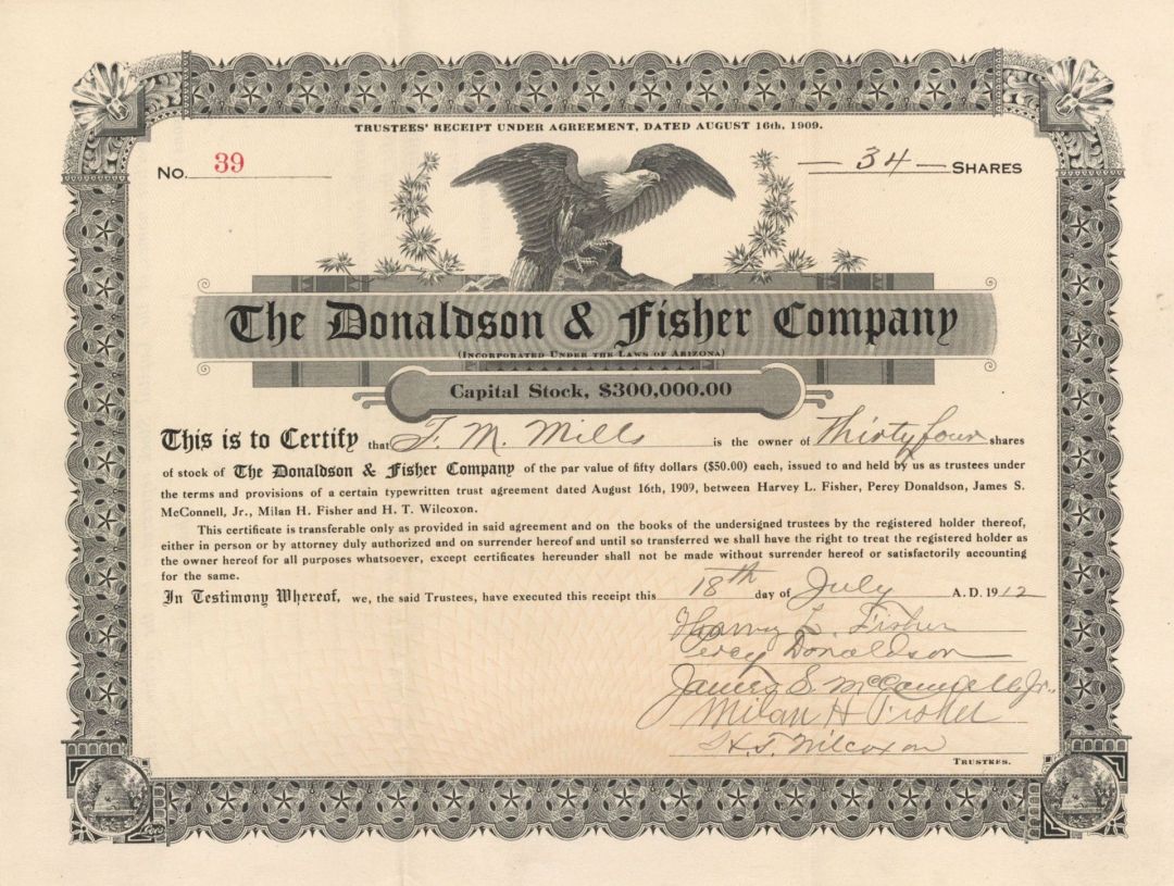 Donaldson and Fisher Co. - 1912 Stock Certificate