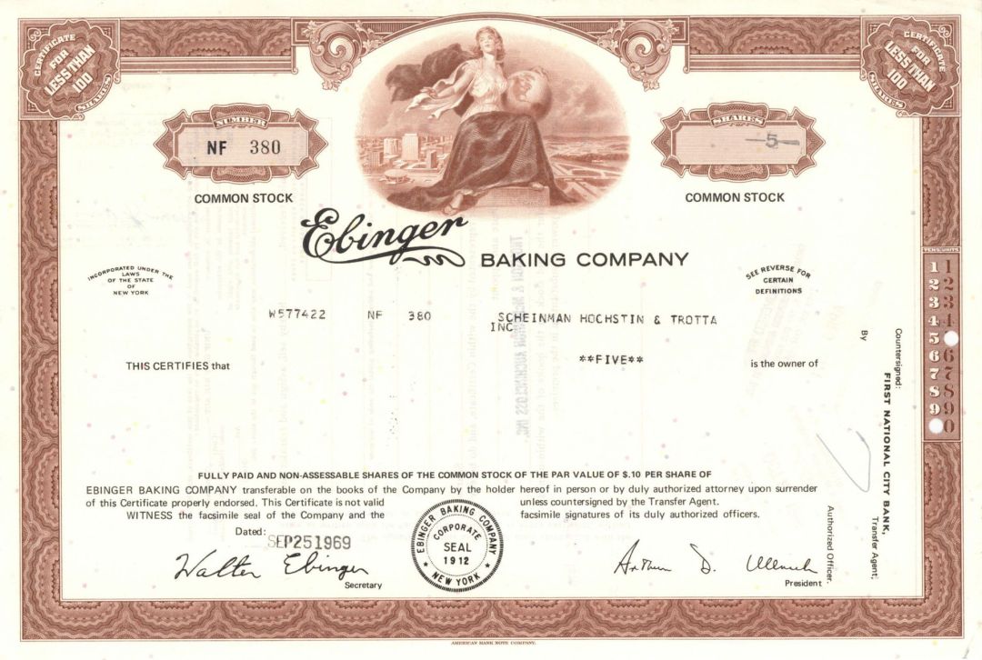 Ebinger Baking Co. - 1969-1972 Stock Certificate - Invented Blackout Cake