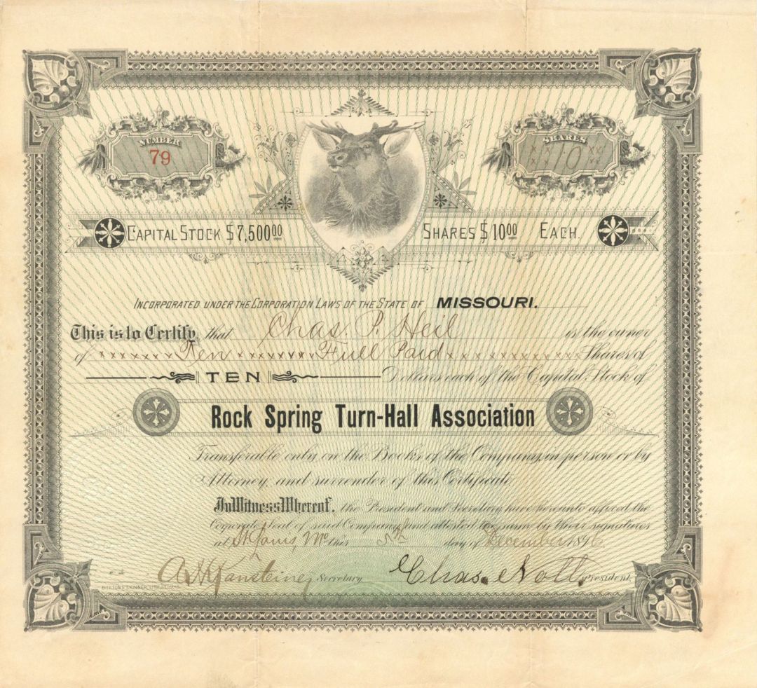 Rock Spring Turn-Hall Association - 1896 Stock Certificate