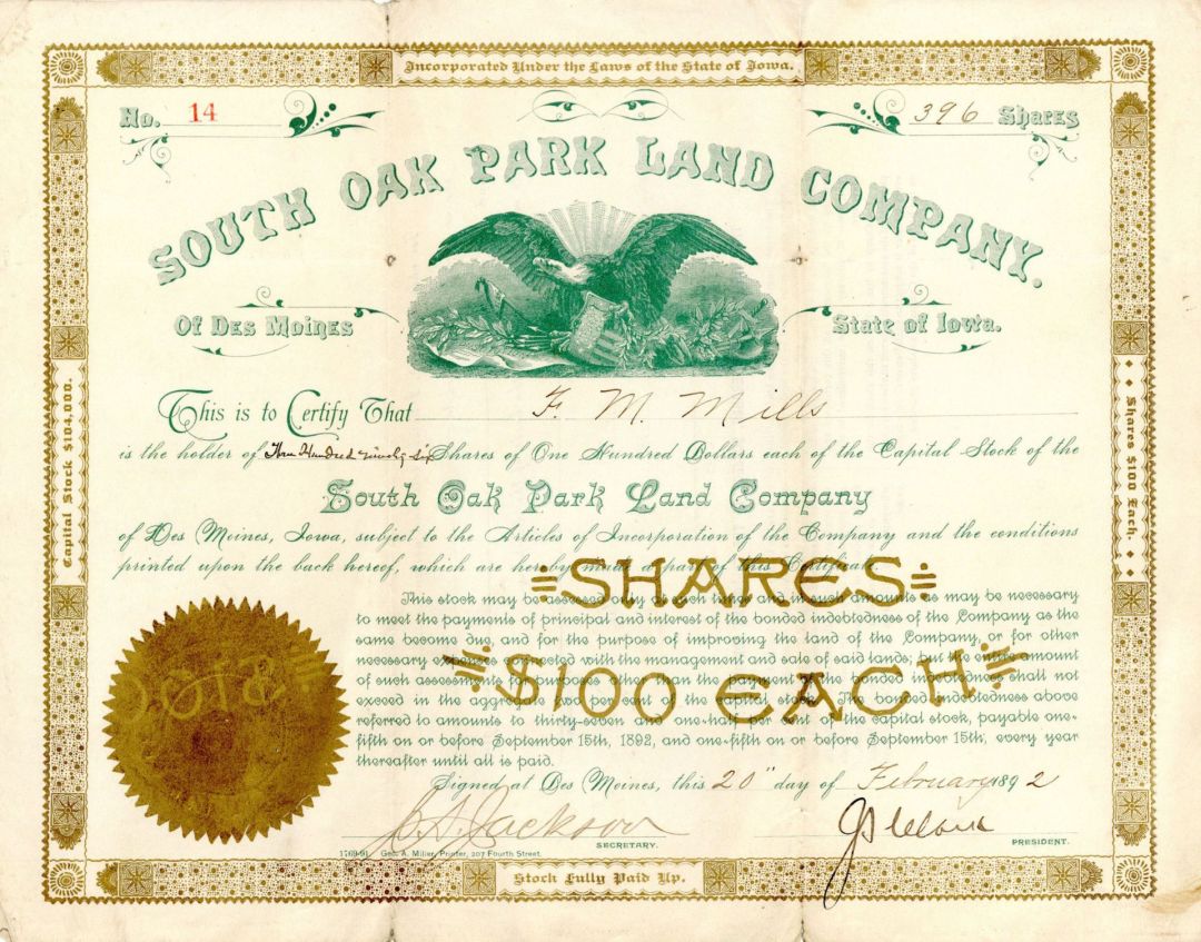 South Oak Park Land Co. - 1892 Stock Certificate