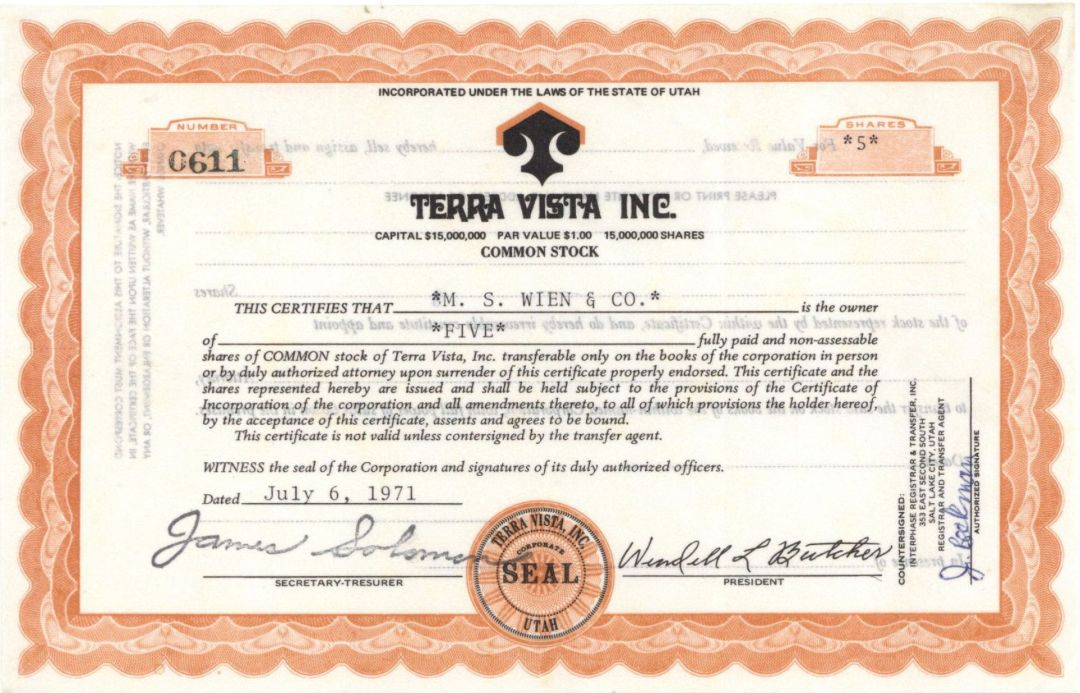 Terra Vista Inc. - 1971 Stock Certificate