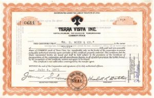 Terra Vista Inc. - 1971 Stock Certificate