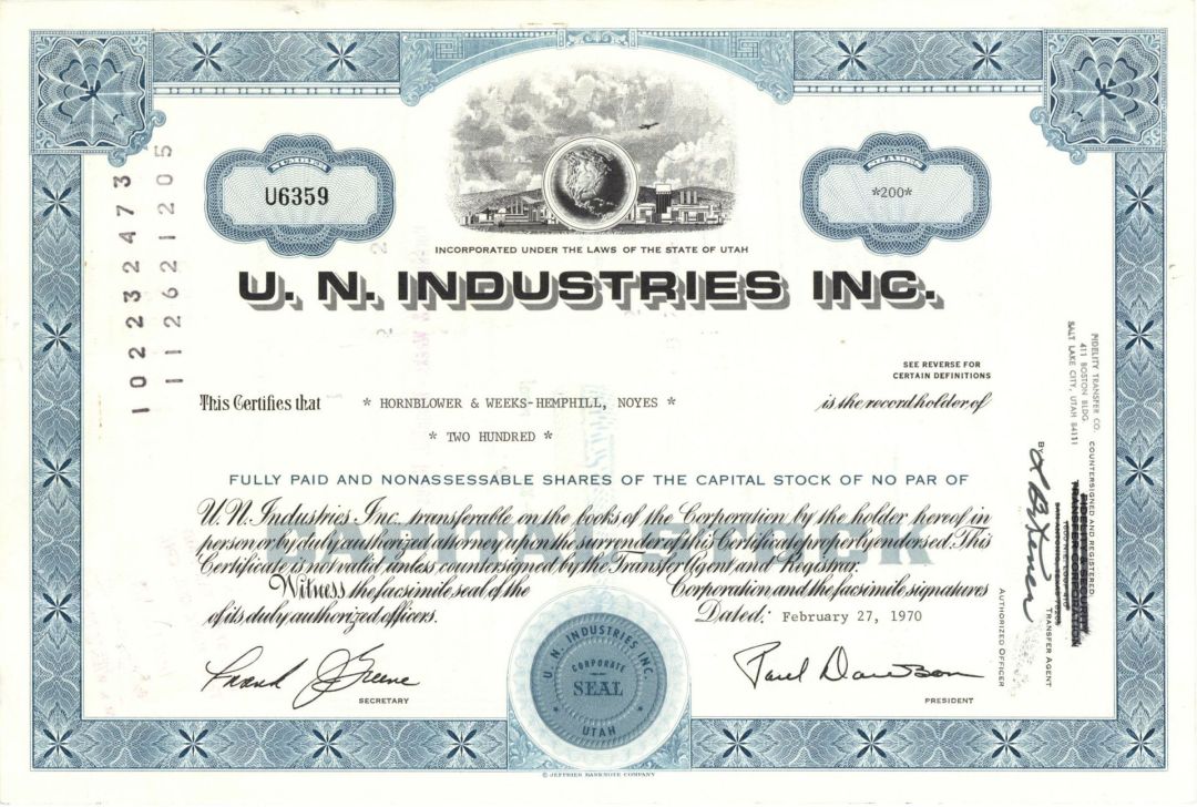 U. N. Industries Inc. - 1970 Stock Certificate