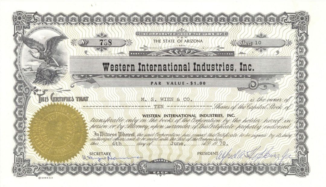 Western International Industries, Inc. - 1970 Stock Certificate