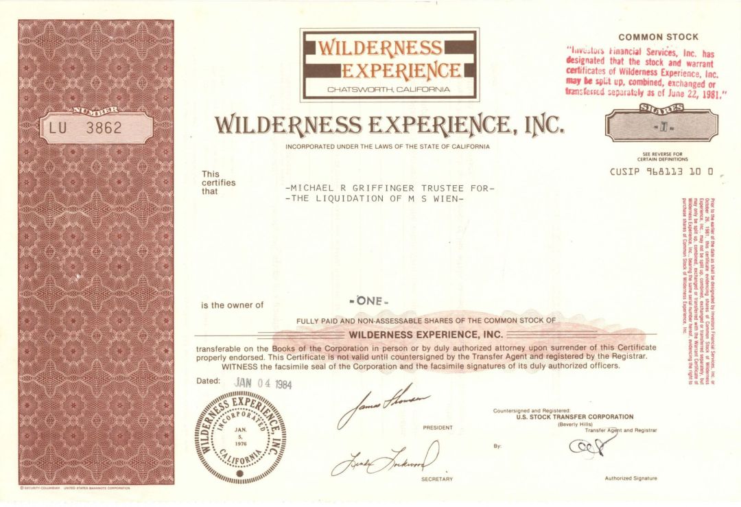 Wilderness Experience, Inc. - 1984 dated Stock Certificate - Chatsworth, California