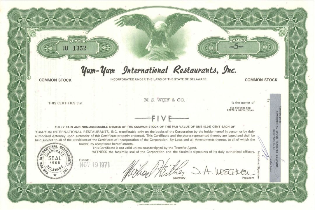 Yum-Yum International Restaurants, Inc. - 1971 Stock Certificate