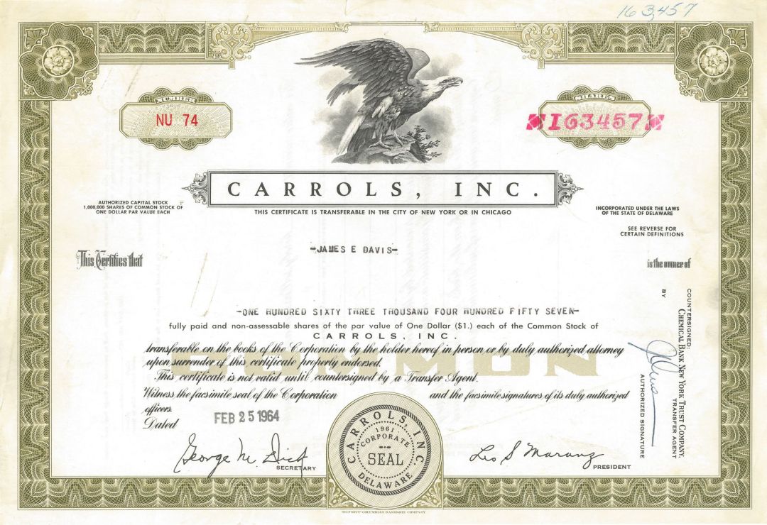 Carrols, Inc. - 1964 dated Stock Certificate - Carrols Restaurant Group, Inc.