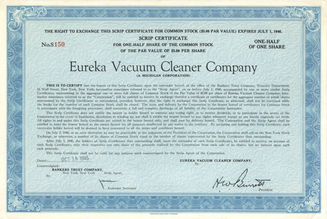 Eureka Vacuum Cleaner Co. - Stock Certificate