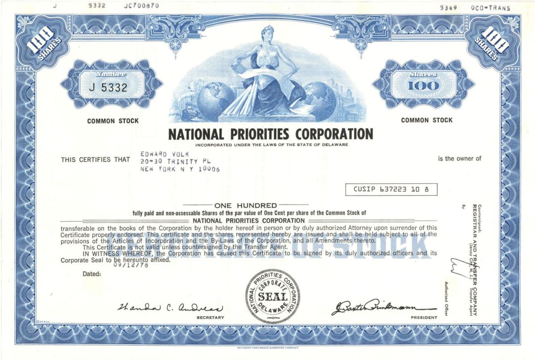 National Priorities Corp. - 1978 dated Stock Certificate