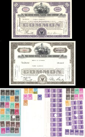 United States Playing Card Co. 2 Stocks plus Individual Revenues - 1955 and 1959 dated Stock Certificate