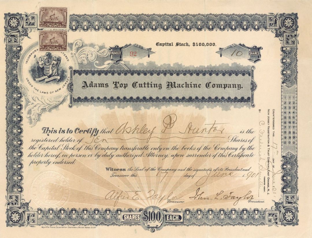 Adams Top Cutting Machine Co. - 1901 dated Stock Certificate (Uncanceled)