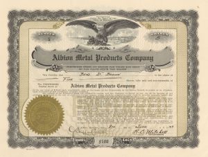 Albion Metal Products Co. - 1927 or 1928 dated Stock Certificate (Uncanceled)