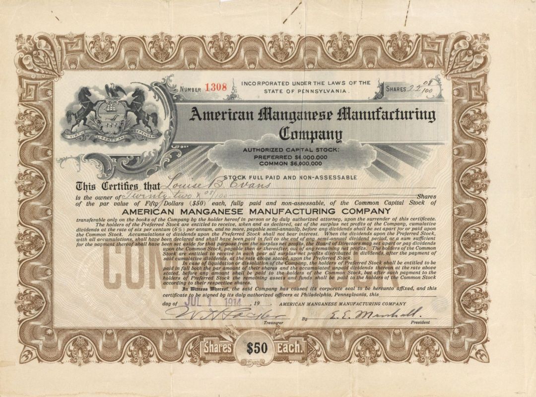 American Manganese Manufacturing Co. - 1914 dated Stock Certificate (Uncanceled)