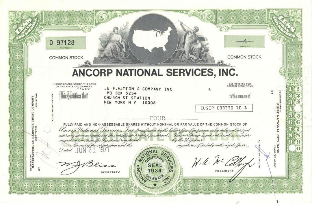 Ancorp National Services, Inc. - 1971 dated Stock Certificate