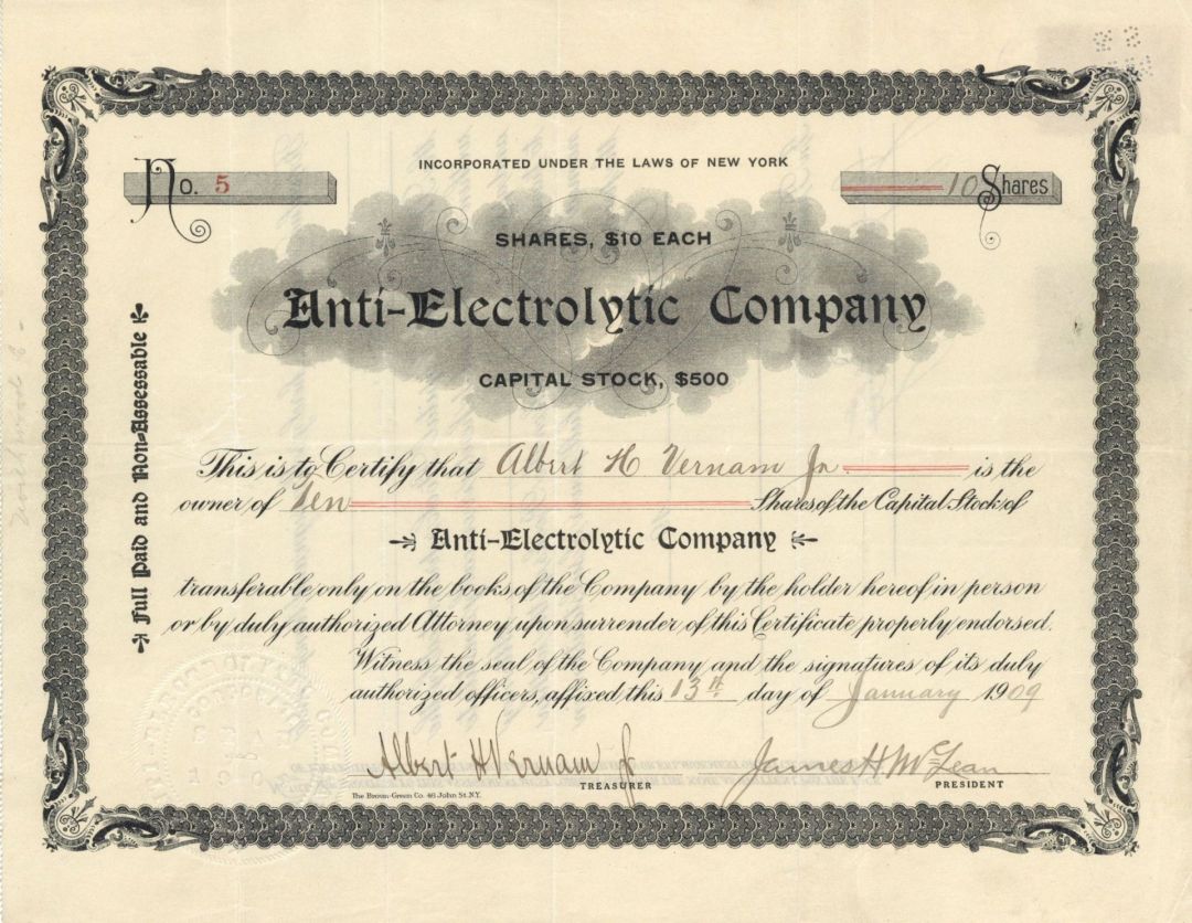 Antii-Electrolytic Co. - 1909 dated Stock Certificate