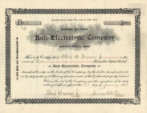 Antii-Electrolytic Co. - 1909 dated Stock Certificate