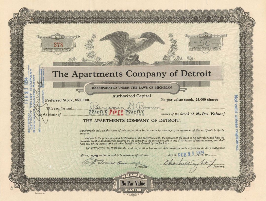 Apartments Company of Detroit - 1924 dated Stock Certificate (Uncanceled)