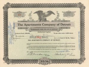 Apartments Company of Detroit - 1924 dated Stock Certificate (Uncanceled)