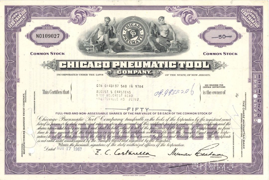 Chicago Pneumatic Tool Co. - 1967 dated Stock Certificate