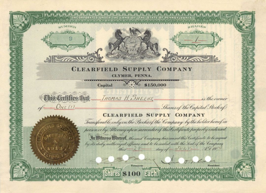 Clearfield Supply Co. - 1914 dated Stock Certificate