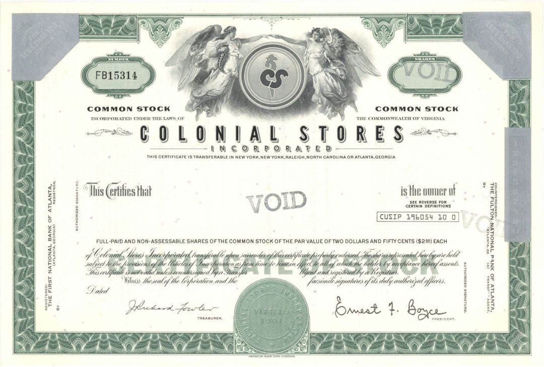 Colonial Stores Inc. - circa 1970's Unissued Stock Certificate