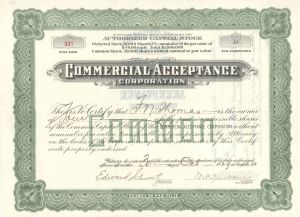 Commercial Acceptance Corp. - 1923 dated Stock Certificate (Uncanceled)