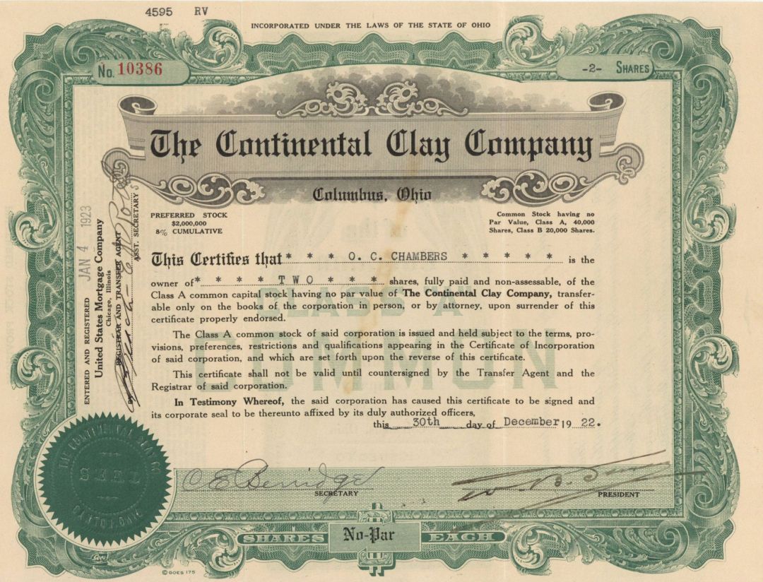 Continental Clay Co. - 1922 dated Stock Certificate (Uncanceled)