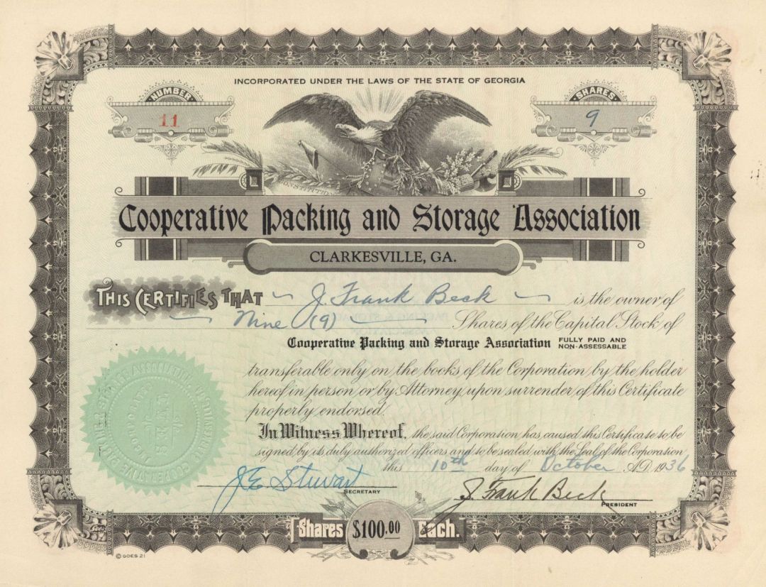 Cooperative Packing and Storage Assoc. - 1936 dated Stock Certificate (Uncanceled)