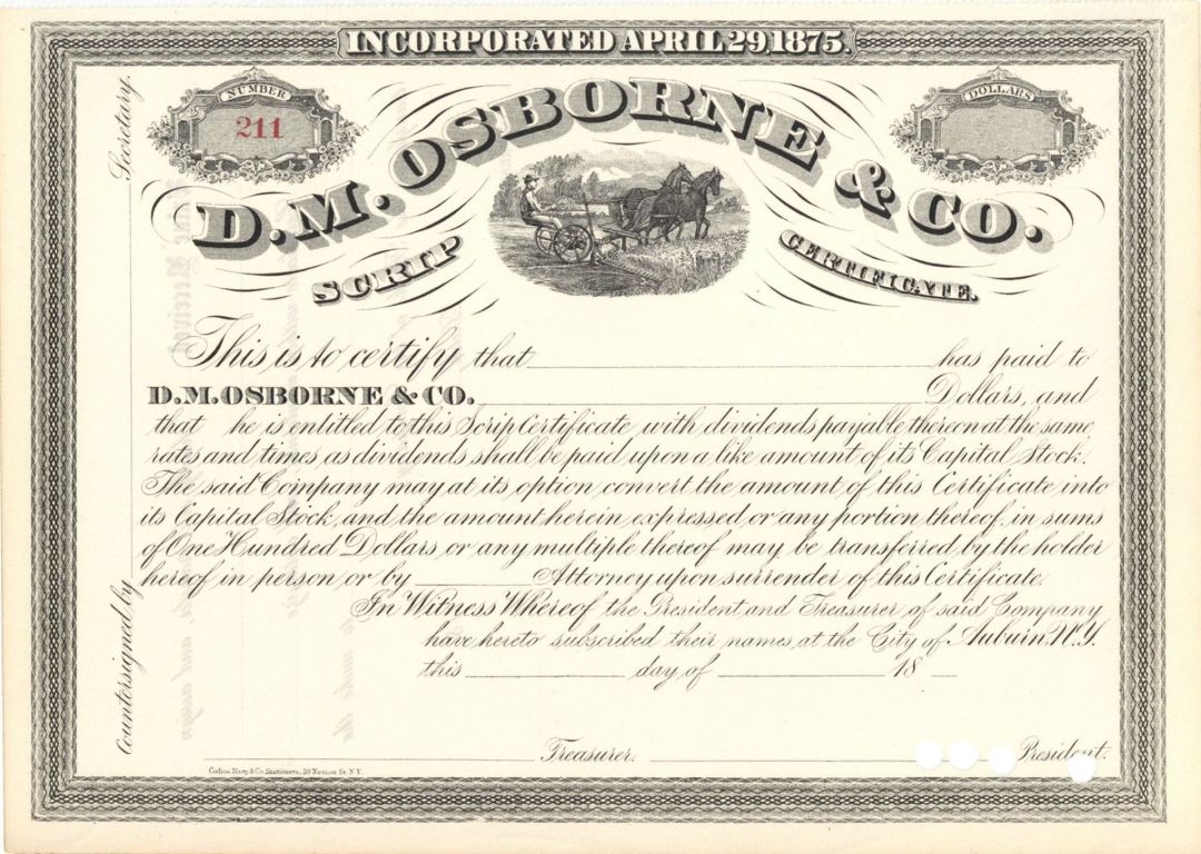 D.M. Osborne and Co. - Unissued Stock Certificate