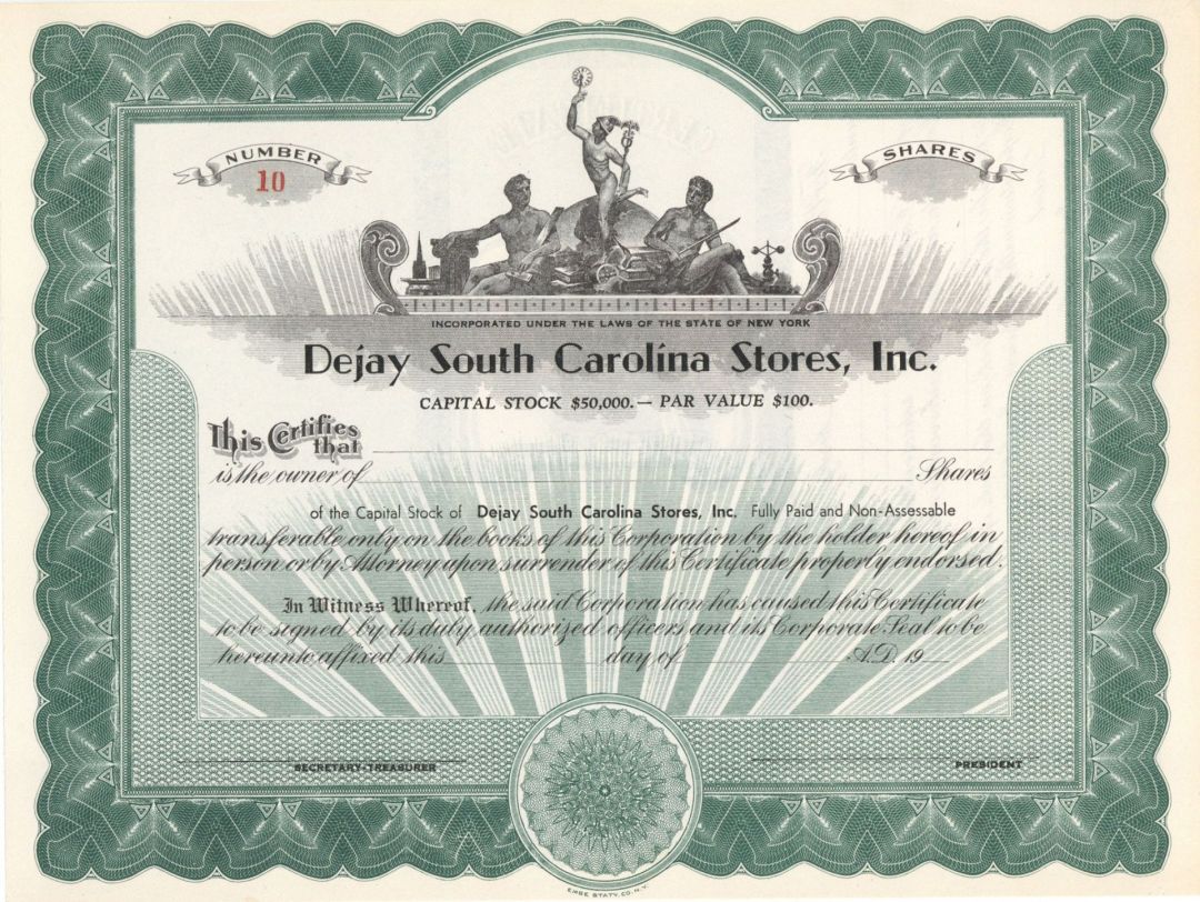 Dejay South Carolina Stores, Inc. - Unissued Stock Certificate