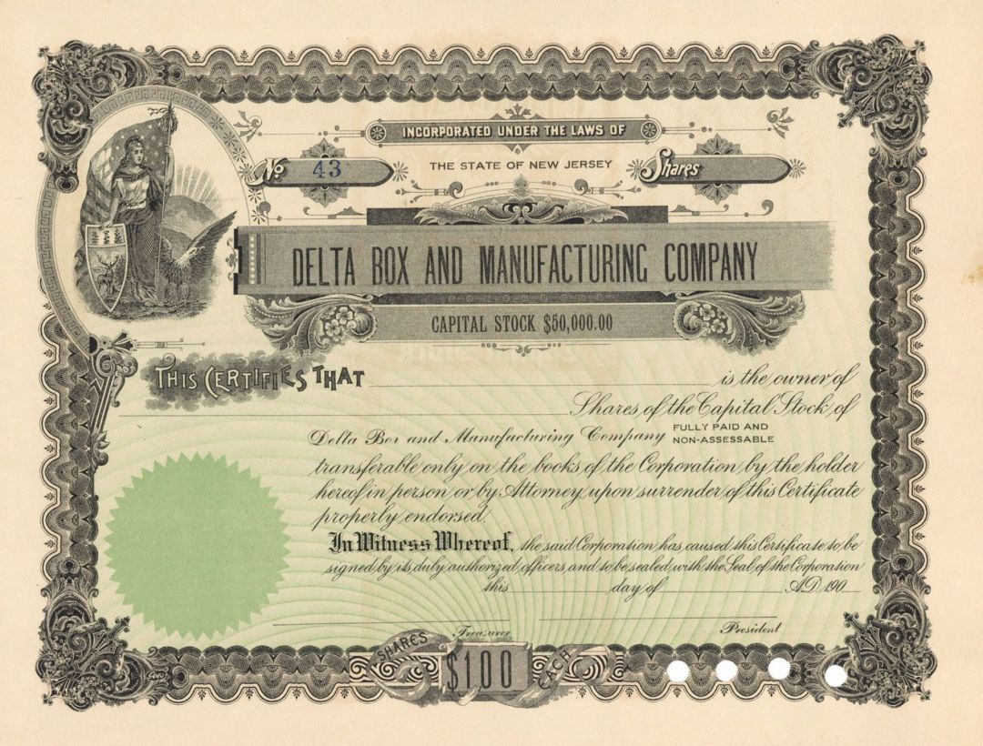 Delta Box and Manufacturing Co. - Unissued Stock Certificate