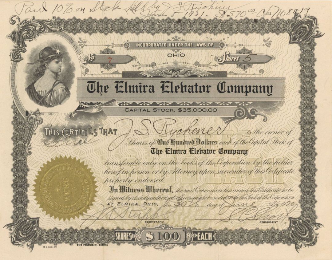 Elmira Elevator Co. - 1920 dated Stock Certificate (Uncanceled)