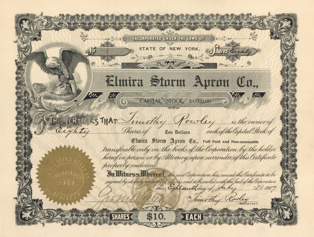 Elmira Storm Apron Co. - 1907 dated Stock Certificate (Uncanceled)