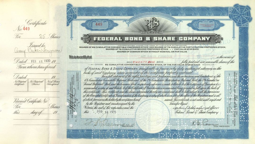 Federal Bond and Share Co. - 1930 dated Stock Certificate