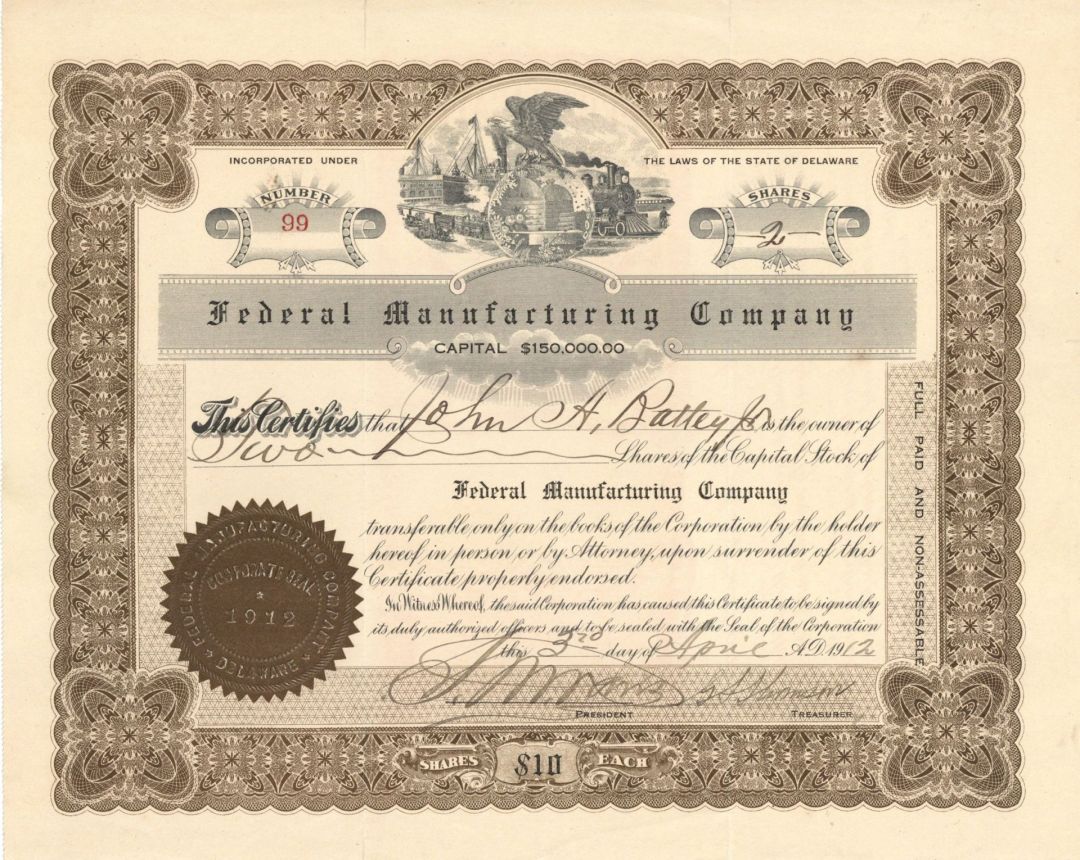 Federal Manufacturing Co. - 1912 dated Stock Certificate (Uncanceled)