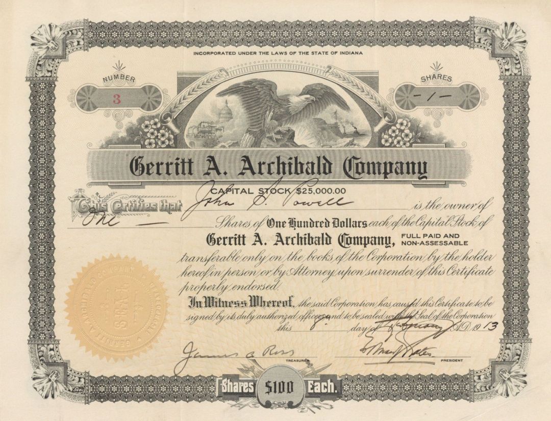 Gerritt A. Archibald Co. - 1913 dated Stock Certificate (Uncanceled)