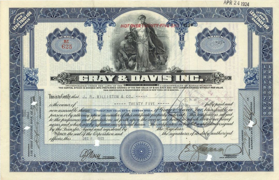 Gray and Davis, Inc. - 1923 dated Stock Certificate