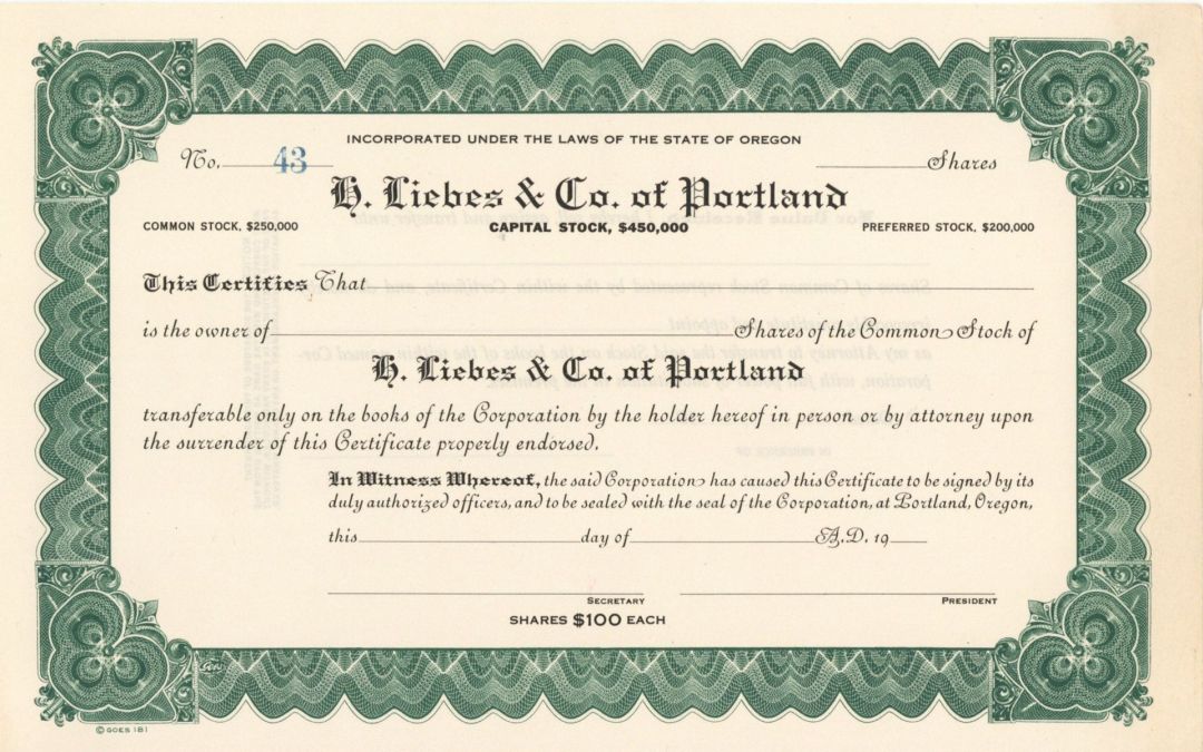 H. Liebes and Co. of Portland - Unissued Stock Certificate