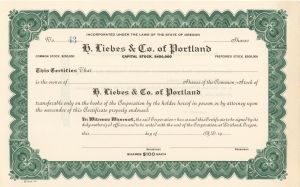 H. Liebes and Co. of Portland - Unissued Stock Certificate