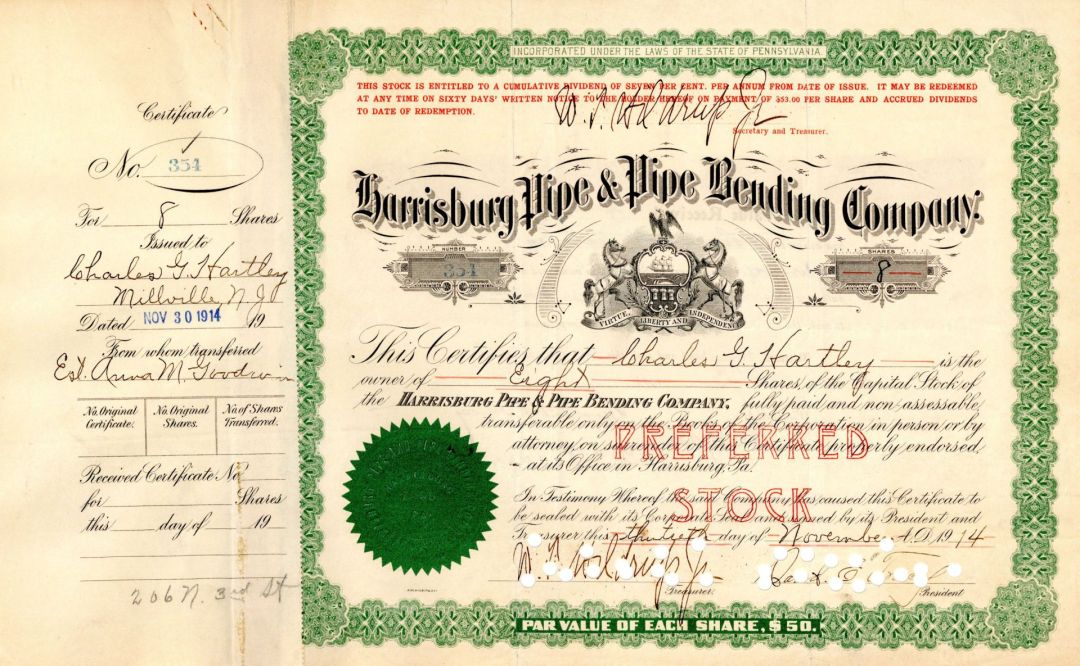 Harrisburg Pipe and Pipe Bending Co.  - 1914 dated Stock Certificate