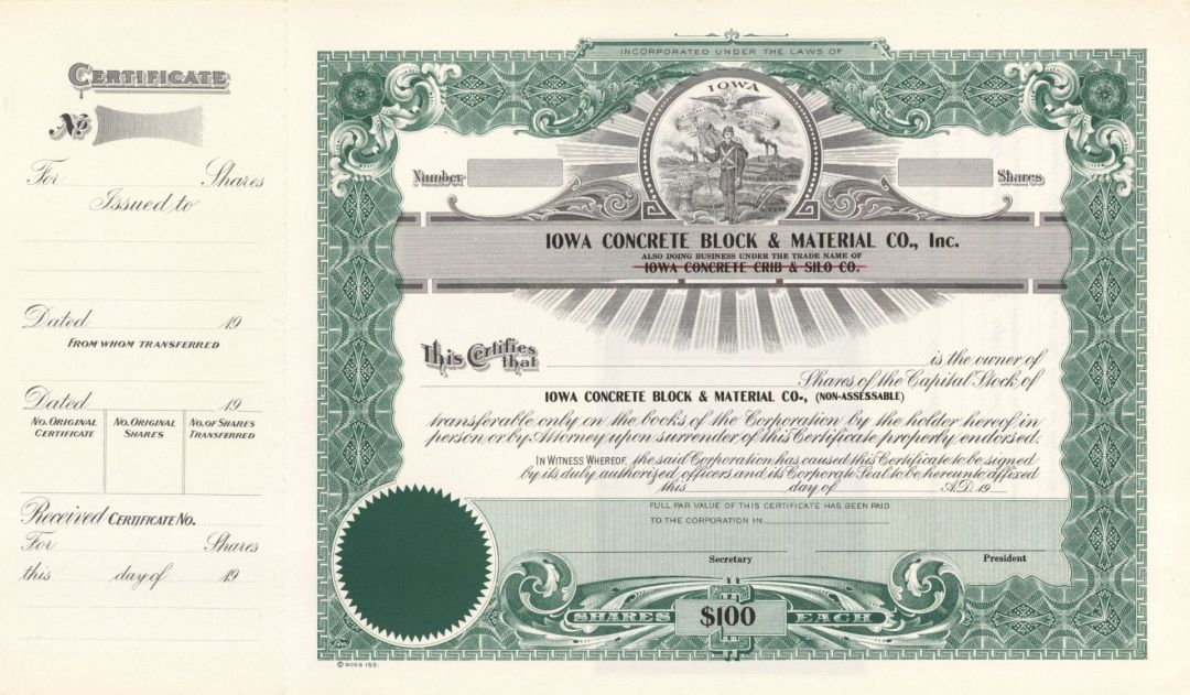 Iowa Concrete Block and Material Co., Inc.  - Unissued Stock Certificate