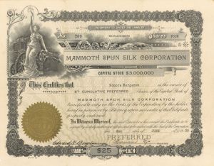 Mammoth Spun Silk Corp. - 1920 dated Fairhaven, Massachusetts Stock Certificate (Uncanceled)