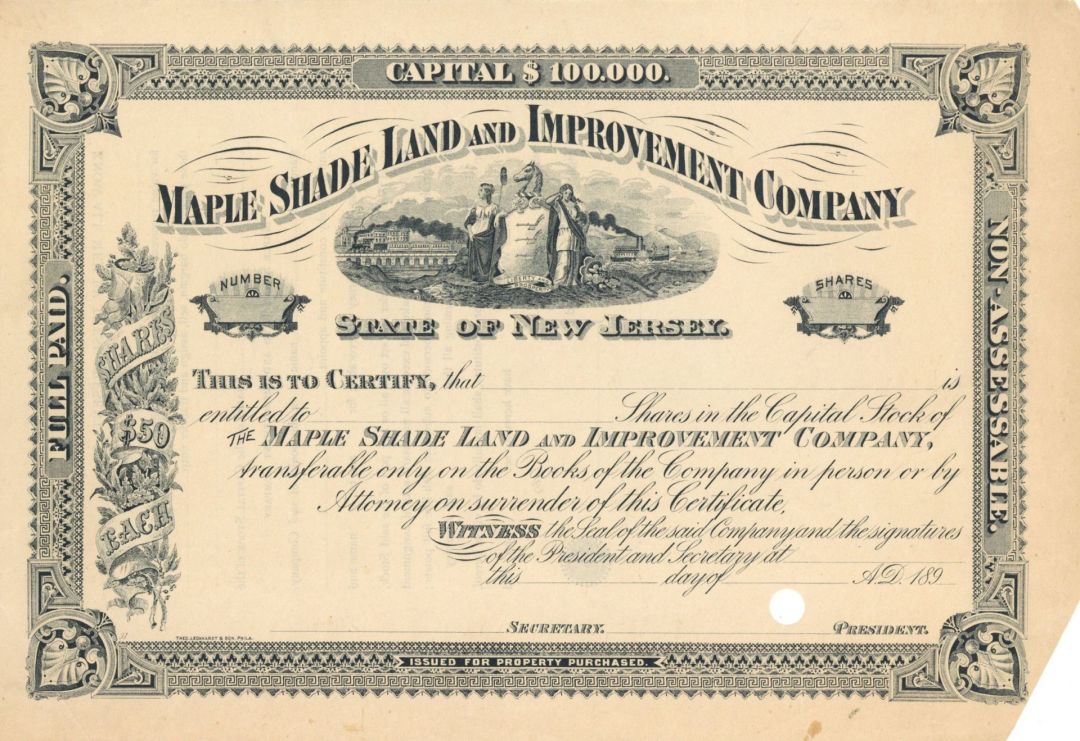 Maple Shade Land and Improvement Co.  - Unissued Stock Certificate